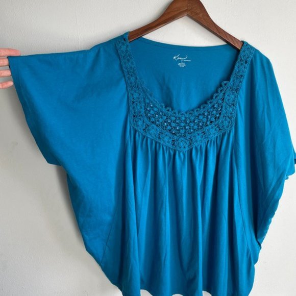 Kim Rogers Blue Butterfly Sleeve Top Crochet Beaded Details, Blue Crochet Top - Picture 5 of 8